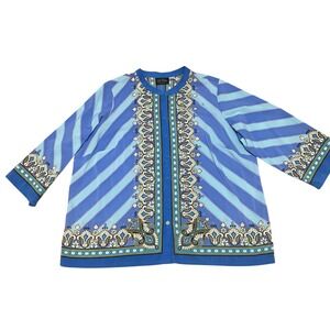 Bob Mackie Wearable Art Blue Paisley Stripe Bombay Placement Button Cardigan 2X